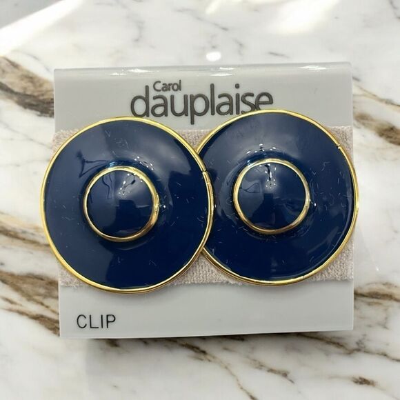 Carol Dauplaise NWT Round Clip-On Earrings Navy Blue and Gold - Bold and Elegant - Picture 1 of 5